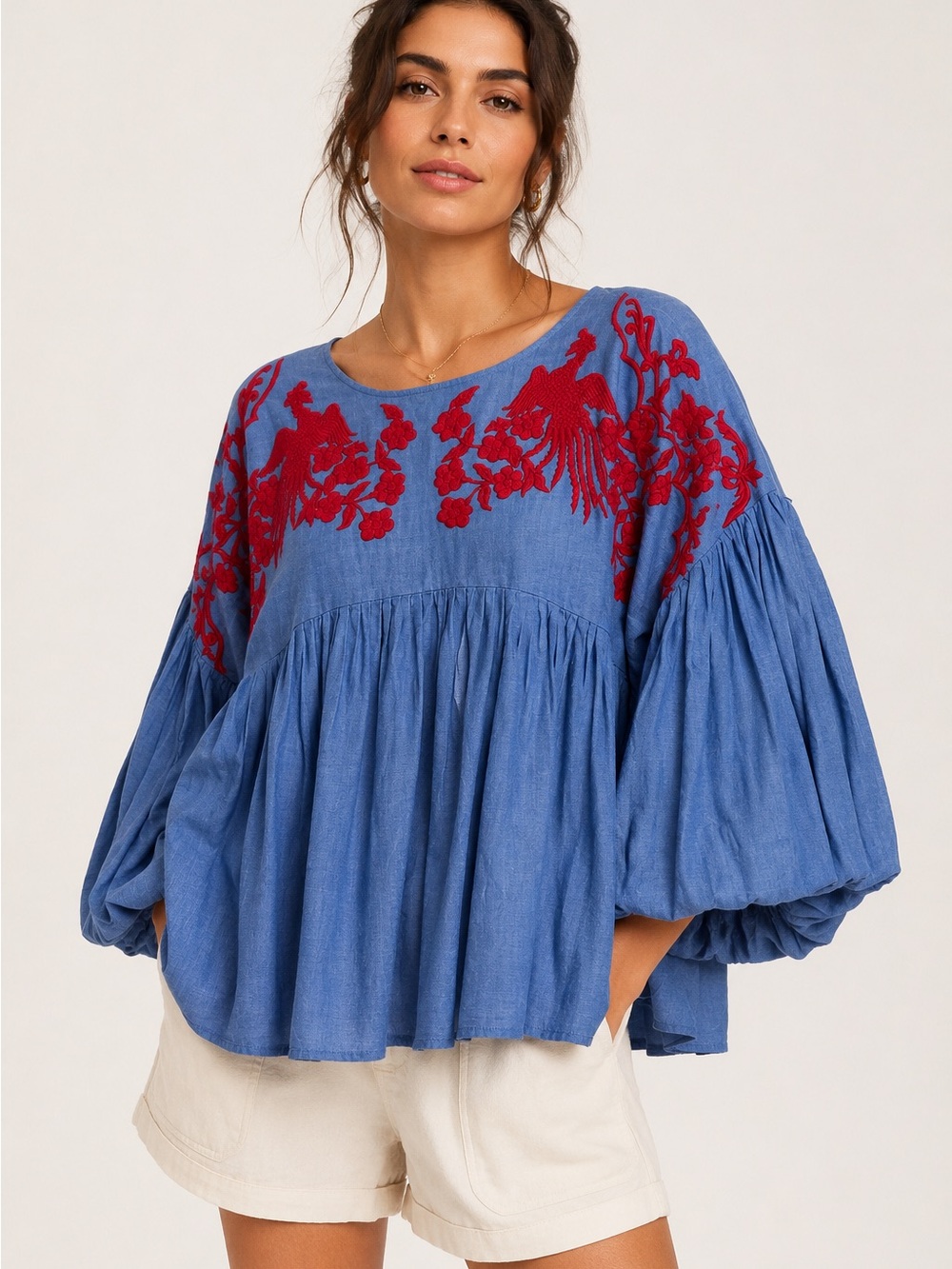 Hemant & Nandita Lianna Embroidered Cotton Blouse Blue Red Size L